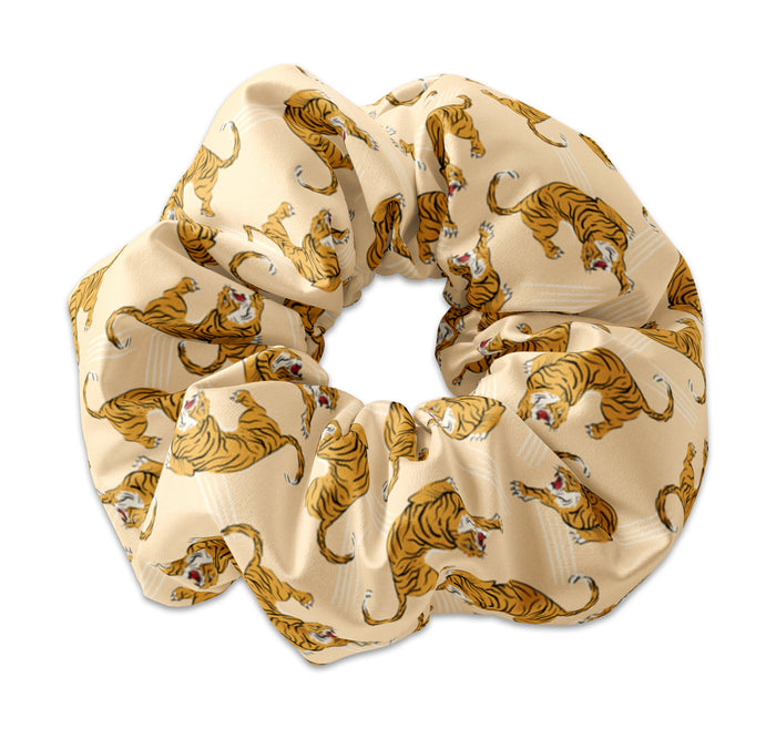 Retro Tiger Pattern on Black Fabric Scrunchie Hair Tie, Vintage Style Tiger Scrunchys, Wild Tigers Pattern Scrunchies