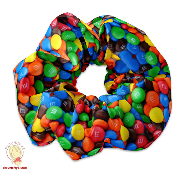 M&M's pattern Scrunchie Hair Tie, M and M's Candy Pattern Scrunchy Hair Tie Accessory, Cute Scrunchies for Girls