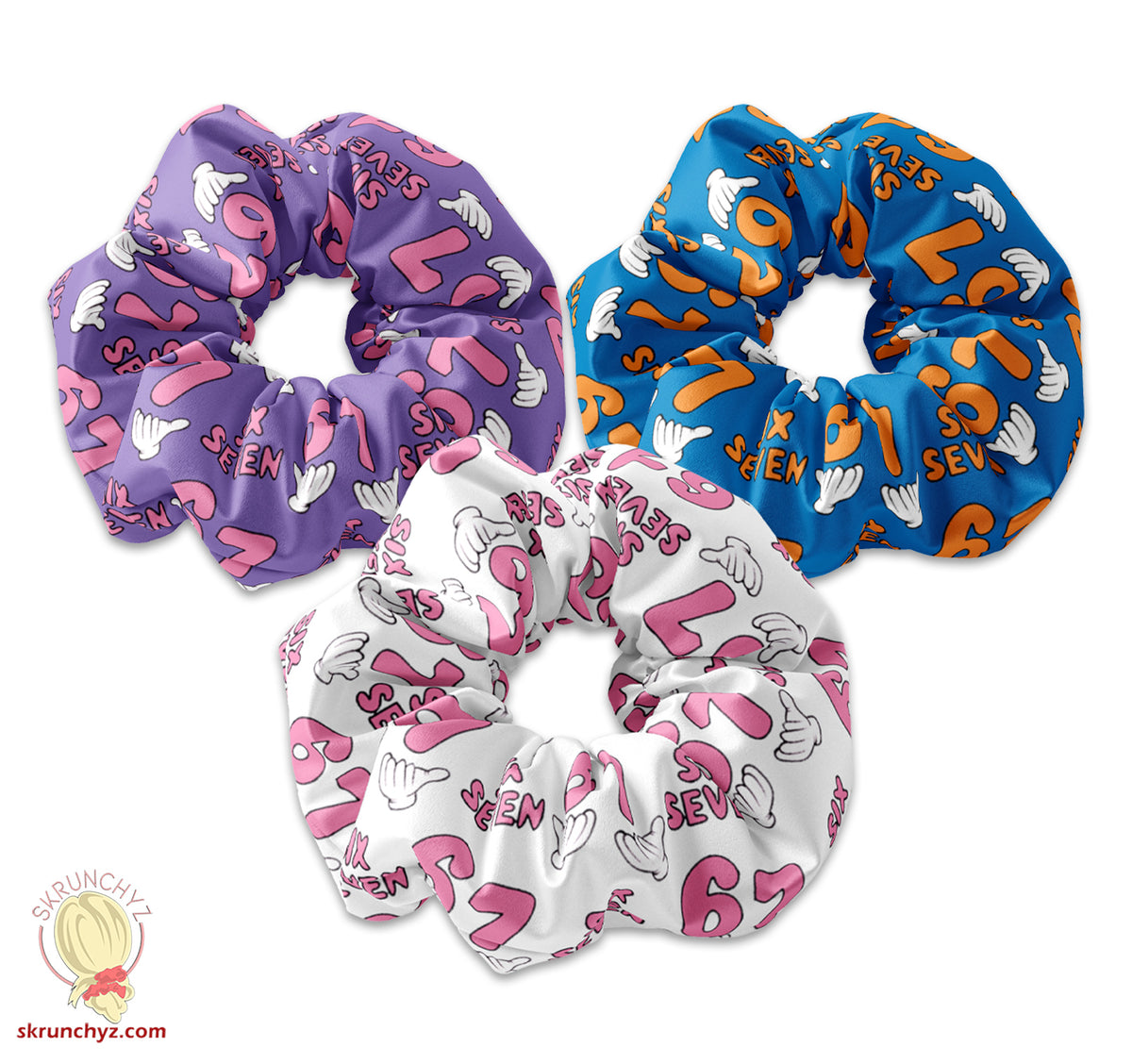 6 7 Pattern Scrunchie Collection, Six Seven Scrunchys, 6/7 Retro Scrunchies Colorful Meme Design Hair Scrunchies, 80s Scrunchy Skrunchyz.com