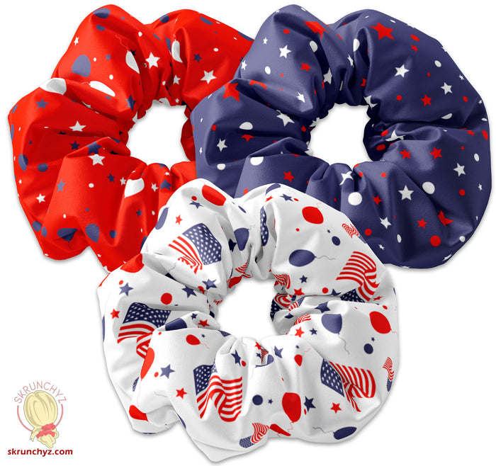 4th of July USA Red White and Blue Festive Scrunchie Set, Independence Day Scrunchy Hair Tie, Fourth of July Hair Accessory, July 4th Bow