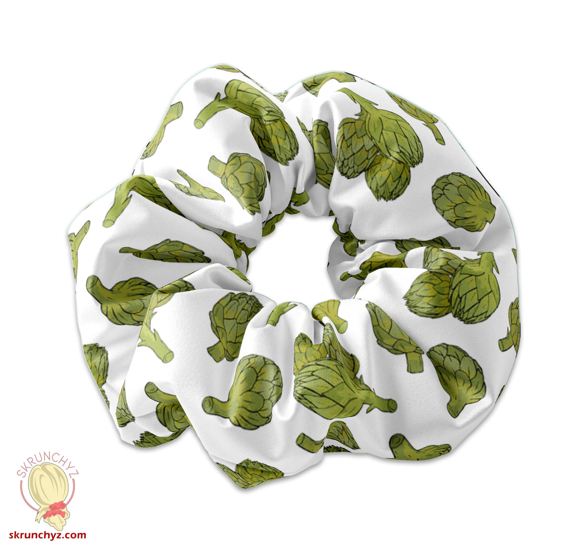 Artichoke Scrunchie Hair Tie on White Fabric, Trendy Hair Scrunchy