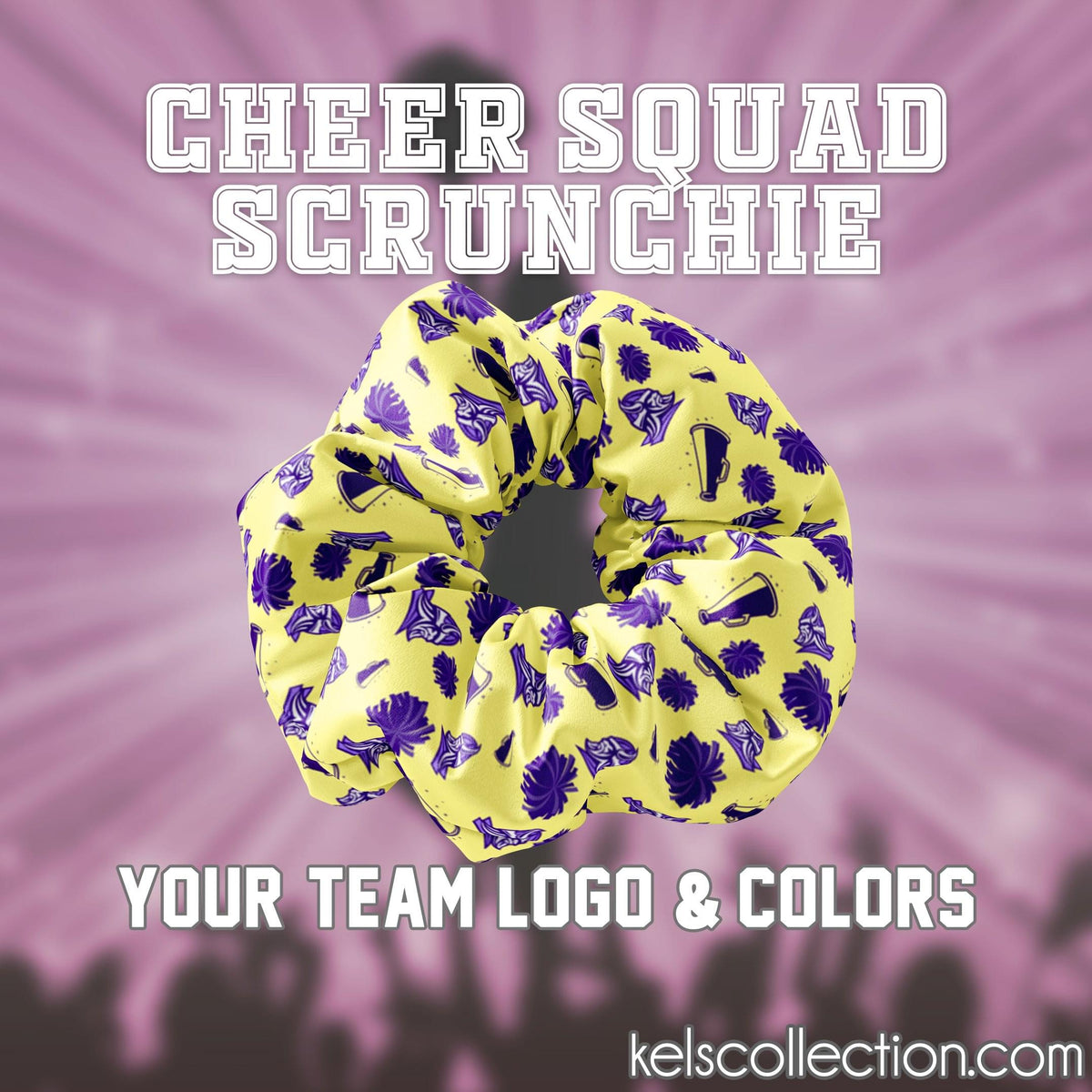 Personalized Cheer Squad Scrunchie Hair Tie, Your Choice of Colors, School or Squad Scrunchie with Logo or Text