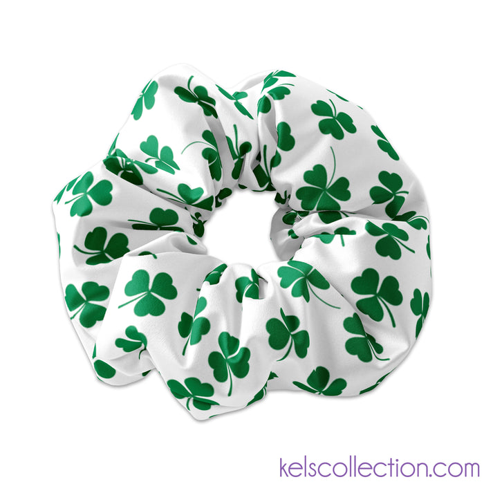 White with Green Clover Pattern Scrunchie Hair Tie, St. Patricks Day Irish Scrunchy, St Pattys Day Scrunchies