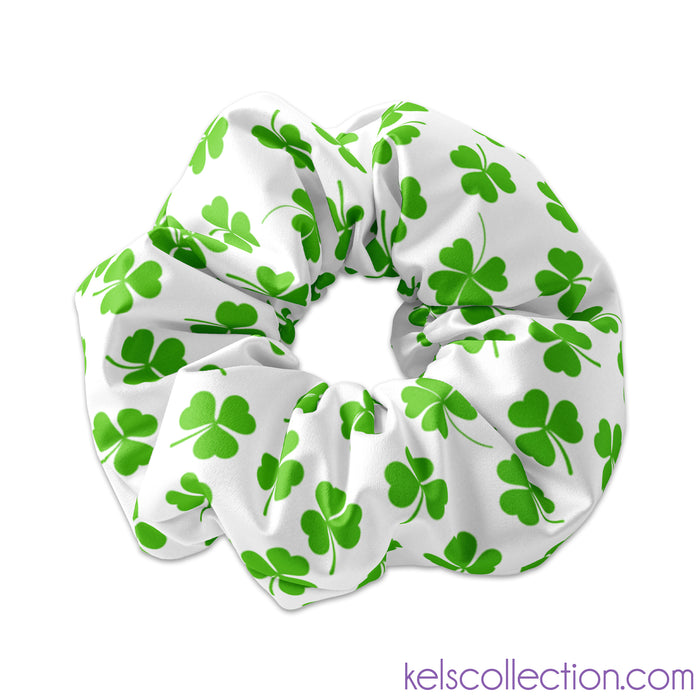 Light Green Clover Pattern Scrunchie Hair Tie, St. Patricks Day Irish Scrunchy, St Pattys Day Scrunchies