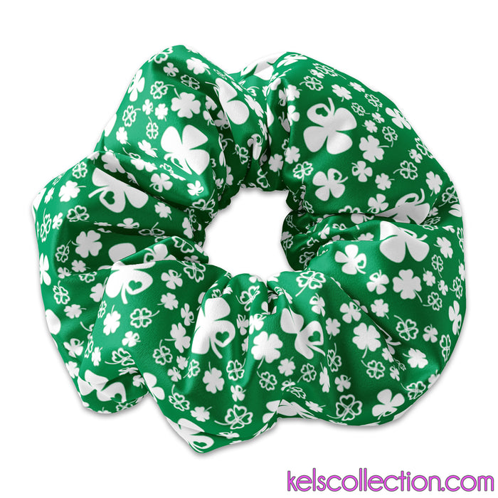 Saint Patricks Day Heart Clovers Green with White Scrunchie Hair Tie, St Patricks Day Scrunchie Hair Tie, St. Patricks Day Green Scrunchy, St Pattys Day