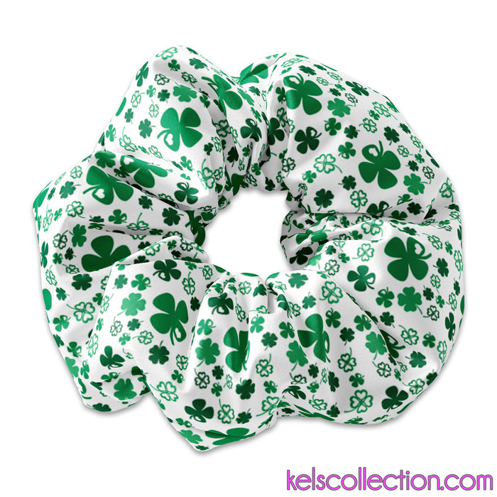 Saint Patricks Day Heart Clovers White with Green Scrunchie Hair Tie, St Patricks Day Scrunchie Hair Tie, St. Patricks Day Green Scrunchy, St Pattys Day