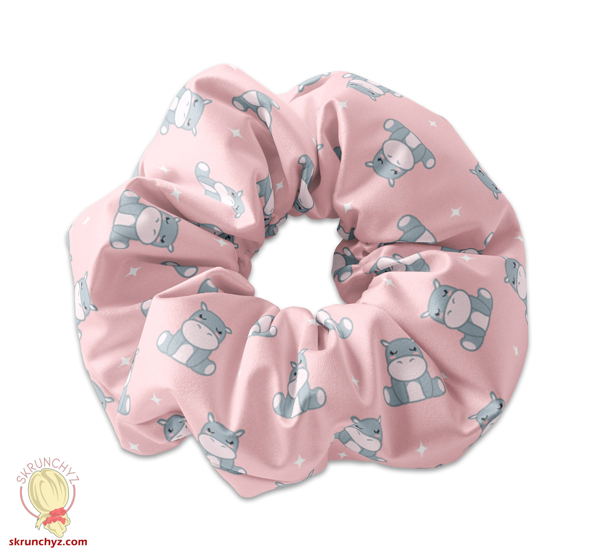 Cute Sleeping Baby Hippos on Pink Fabric Scrunchie