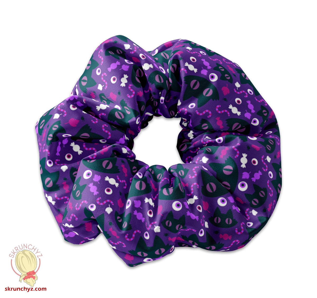 Black Cats on Deep Purple Fabric Halloween Theme Scrunchie, Halloween Scrunchy, Black Cat Scrunchys