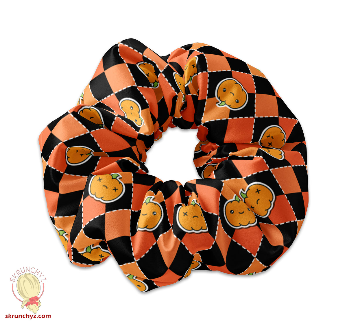 Halloween Diamond Pattern with Cute Pumpkins Scrunchie, Halloween Pumpkin Scrunchy, Pumpkin Scrunchys