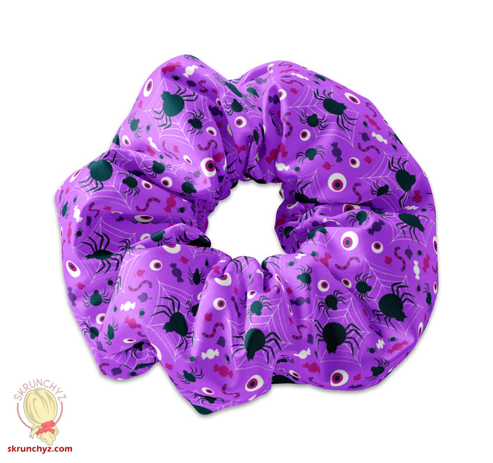 Spiders on Purple Fabric Halloween Theme Scrunchie, Halloween Pumpkin Scrunchy, Creepy Spider Scrunchys