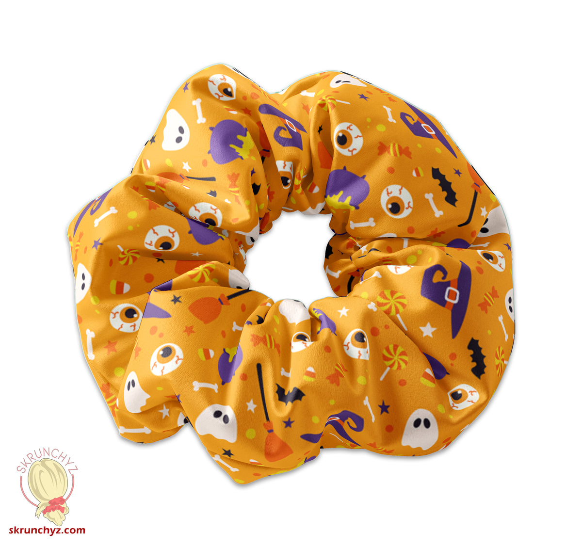 Halloween Theme Scrunchie, Halloween Bats, Candy Corn, Skulls, Witches Hat and Pumpkin Scrunchy