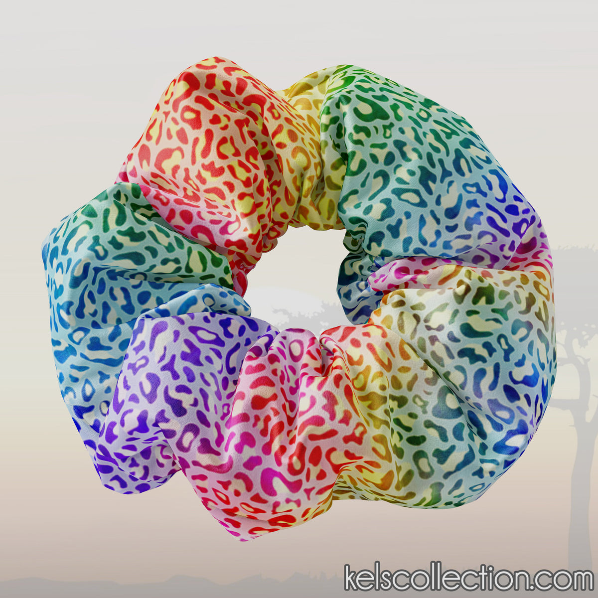 Vibrant Tie Dye Leopard Rainbow Colored Scrunchie Hair Tie, Hair Scrunchy