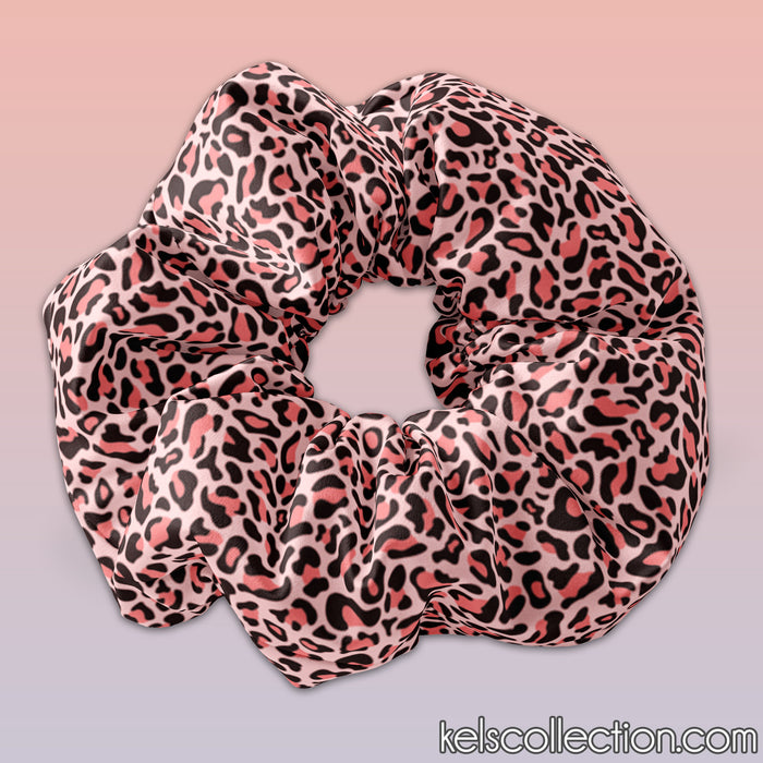 Coral Leopard Print Scrunchie Hair Tie, Hair Scrunchy