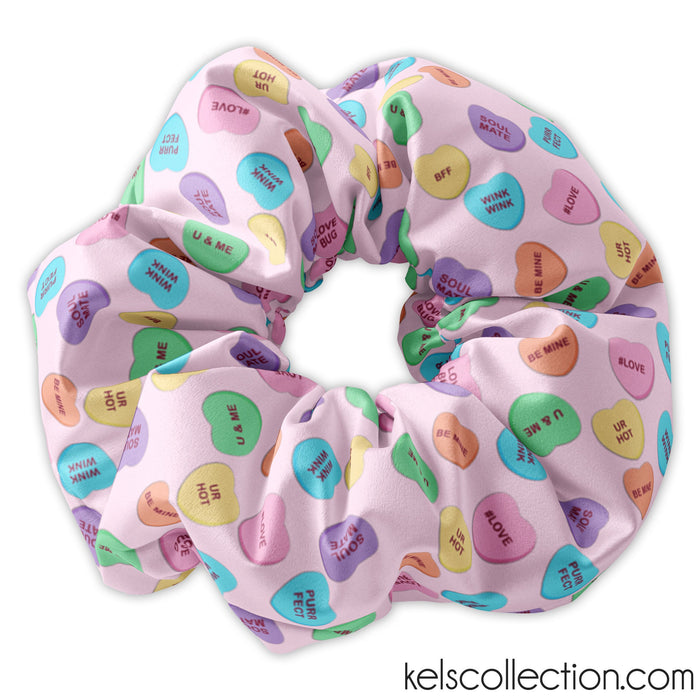 Valentines Day Candy Hearts Scrunchie Hair Tie, Valentine Scrunchy with Conversation Hearts