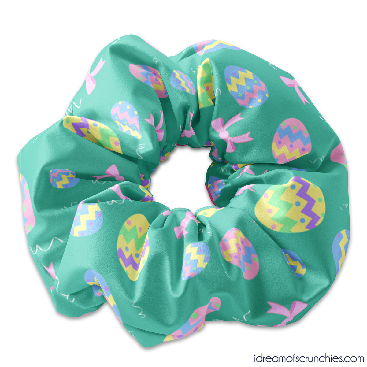 Turquoise Easter Eggs & Bows Patterned Hair Scrunchie, Easter Colorful Candy Scrunchy Hair Tie Accessory, Easter Scrunchies, Easter Bow