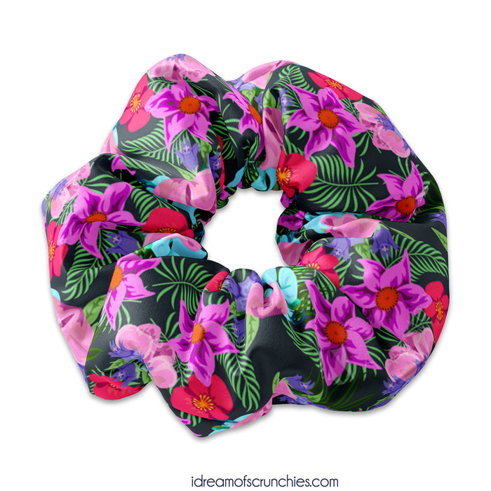 Hawaiian Floral Pattern Scrunchie Hair Tie, Island Tropical Hair Bow Ribbon, Flowers Scrunchy Hair Accessory, Vacation Theme Scrunchys