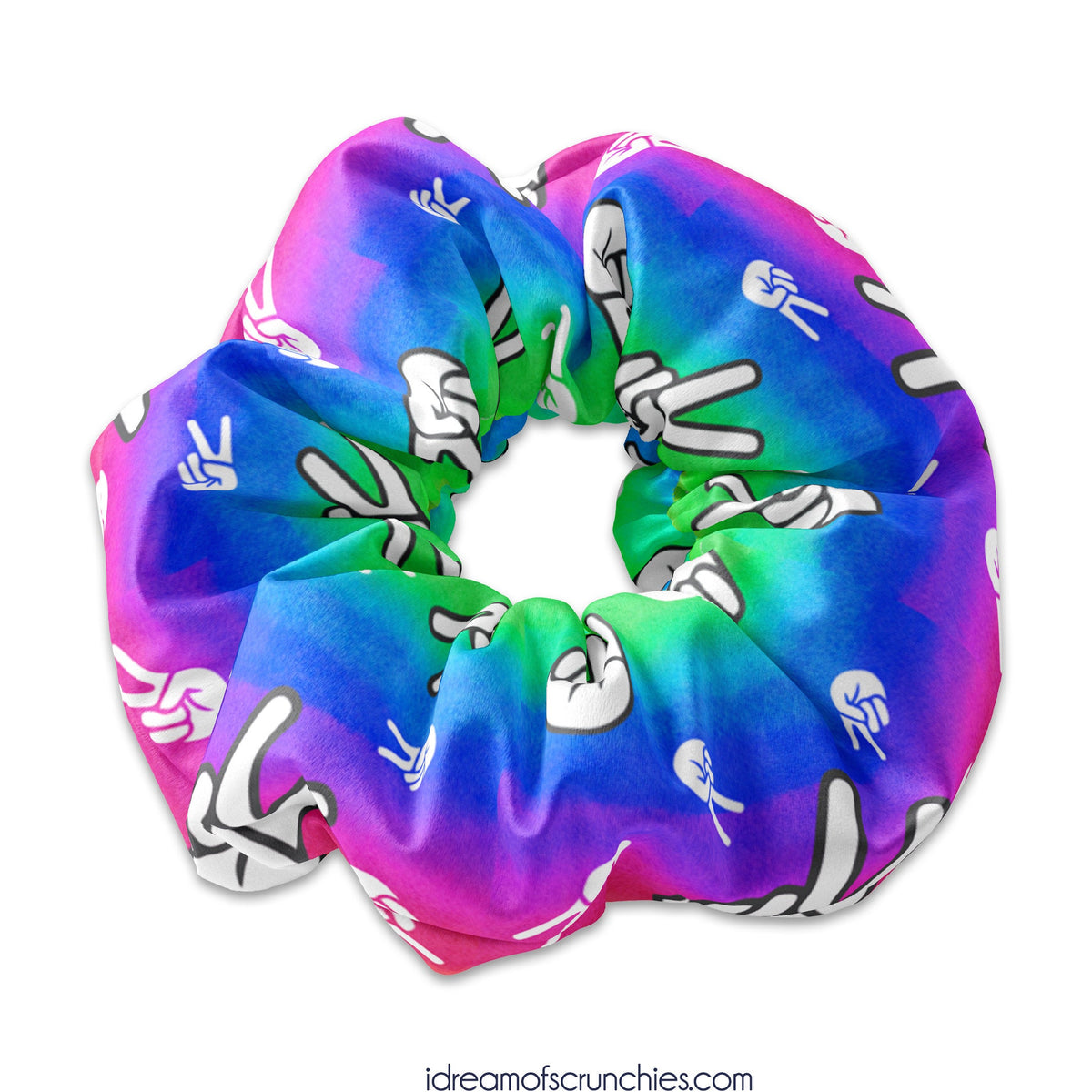 Peace Hand Sign on Watercolor Pattern Scrunchie Hair Tie, Peace Hair Bow Ribbon, Peacesign Scrunchy Hair Accessory, Rainbow Scrunchys