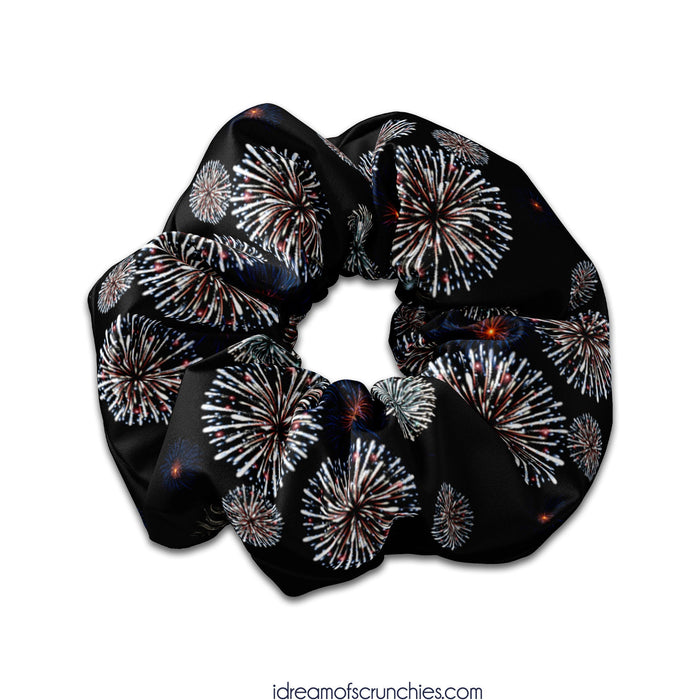 Fireworks on Black Fabric Scrunchie Hair Tie, Fourth of July Scrunchy Hair Accessory, Independence Day, USA Flag Red White Blue Scrunchys