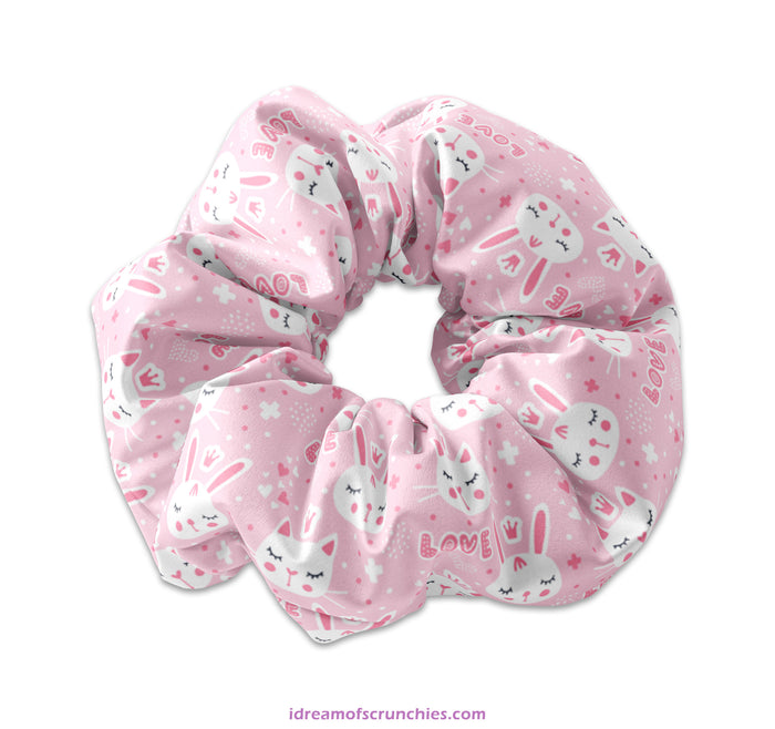 Adorable Princess Love Bunny on Pink Fabric Scrunchie Hair Tie, Easter Scrunchys