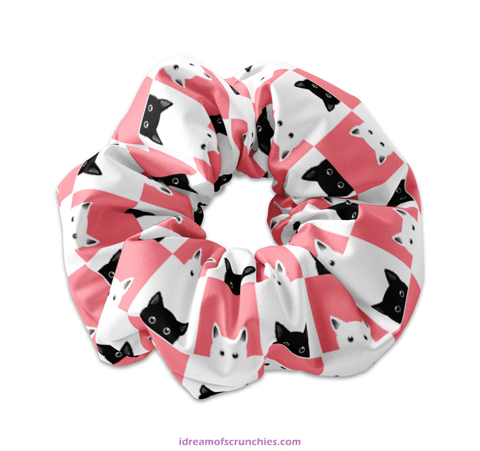 Cute Peeking Kitties on Black & Pink Checkerboard Scrunchy Hair Tie, Kitten Scrunchies, Cat Scrunchys, Kitty Scrunchie Hair Accessory