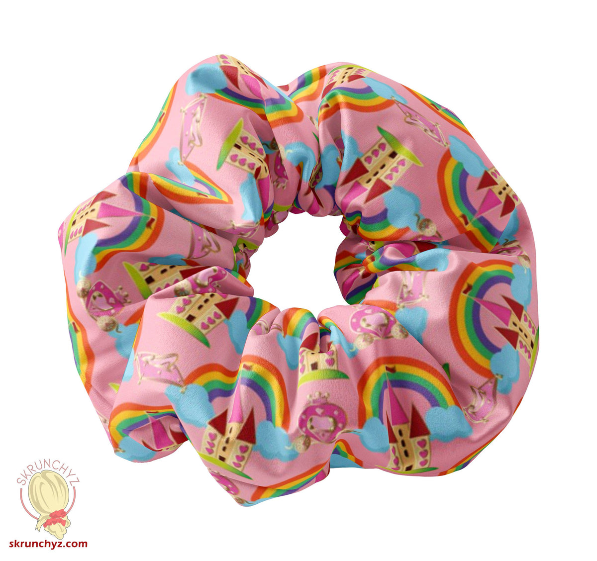 Princess Castles & Slippers Scrunchy Hair Tie, Princesses Castle Scrunchies, Pink Rainbows and Castle Scrunchy, Cute Easter Basket Gift