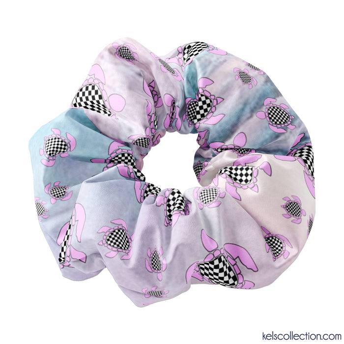 Checkered Turtle Ocean Pattern Scrunchie Hair Tie, Checker Turtle Pattern Scrunchy Hair Tie Accessory, Cute Scrunchies for Girls