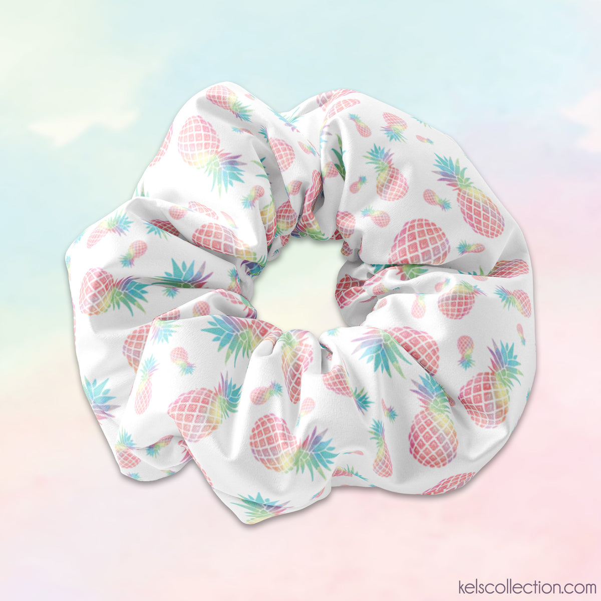 Pineapple Watercolor Rainbow Scrunchie Hair Tie, Cute Pineapple Fruit Scrunchys Hair Accessory, Cute Scrunchies, Great Birthday Party Favors