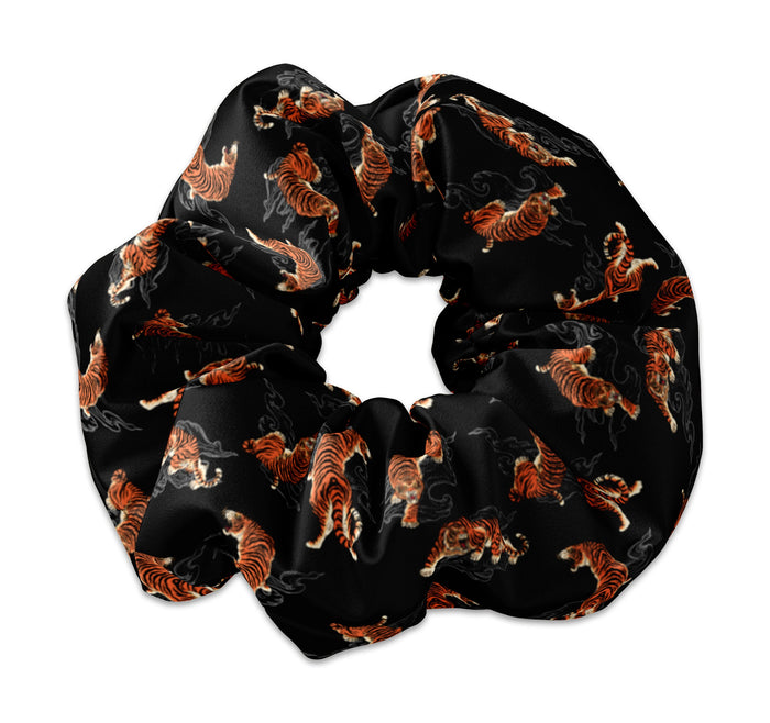 Tiger Pattern on Black Fabric Scrunchie Hair Tie, Tiger Scrunchys, Wild Tigers Pattern Scrunchies