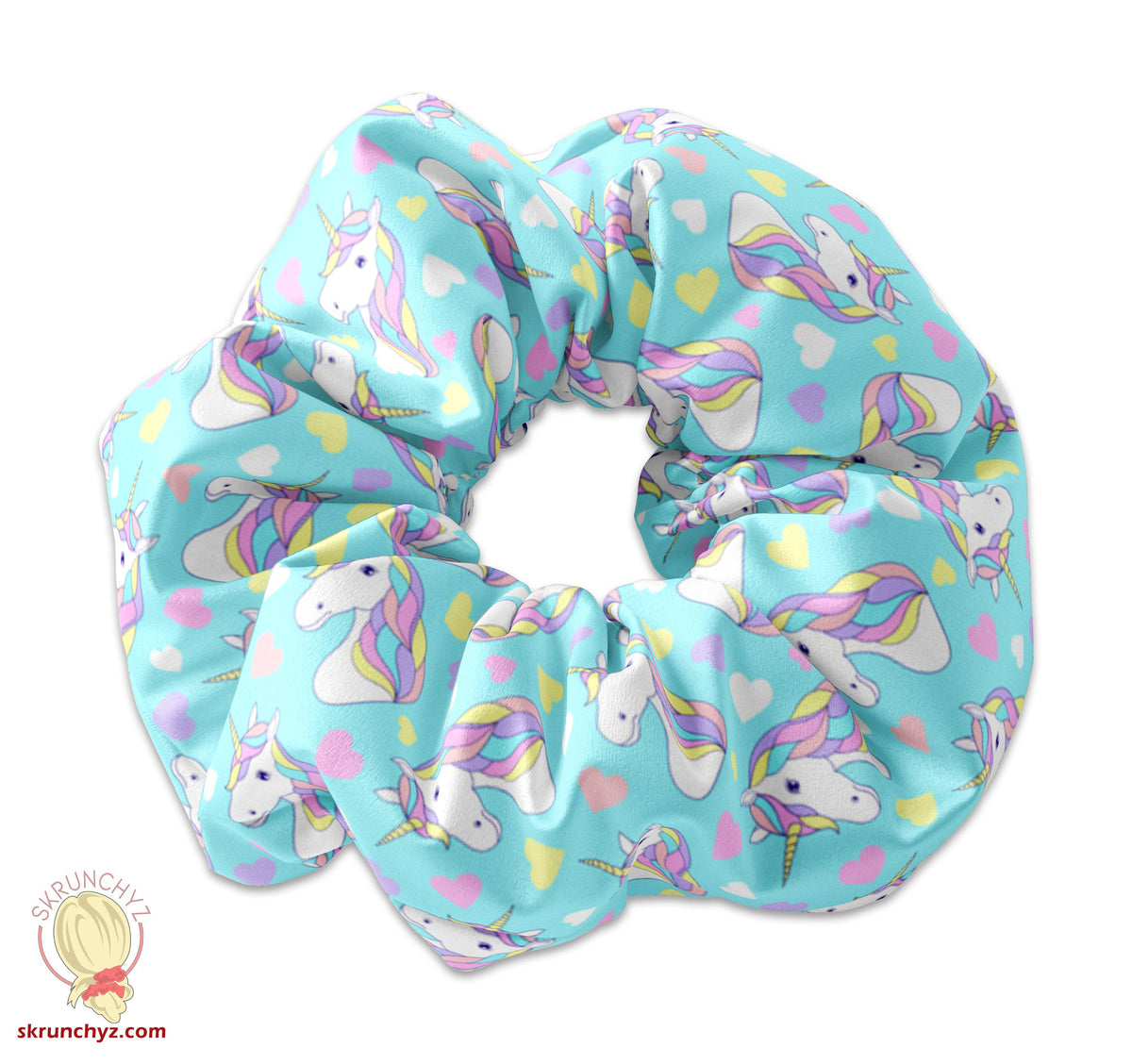 Pastel Unicorns and Hearts Scrunchie Hair Tie, Colorful Unicorn Scrunchy Accessory, Cute Scrunchies, Rainbow Unicorn Birthday Party Favors