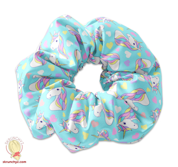 Pastel Unicorns and Hearts Scrunchie Hair Tie, Colorful Unicorn Scrunchy Accessory, Cute Scrunchies, Rainbow Unicorn Birthday Party Favors