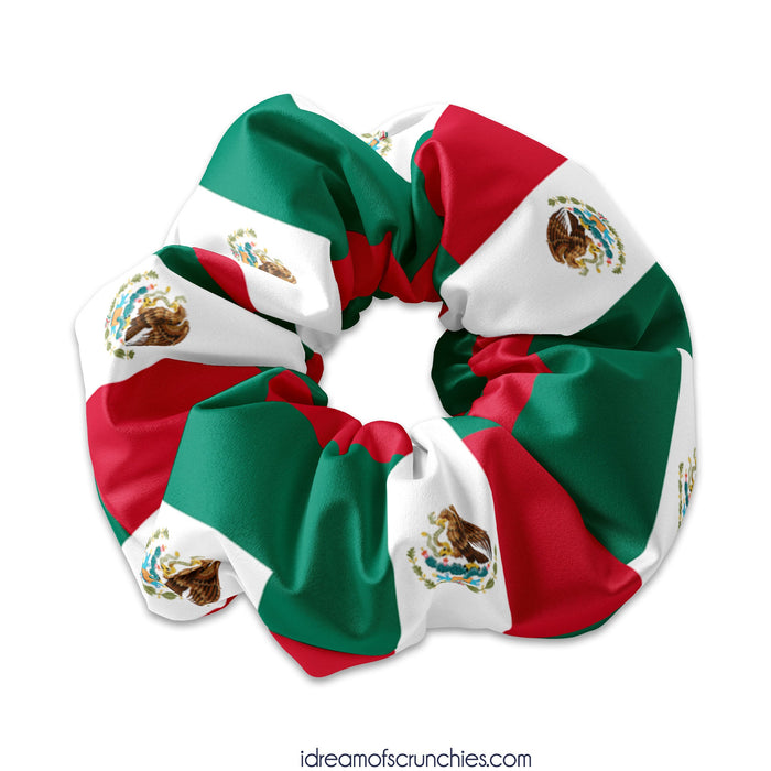 Mexican Flag Pattern Scrunchie Hair Tie, Mexico Flag Hair Bow Ribbon, Bandera Mexicana Scrunchy Hair Accessory, Cinco de Mayo Scrunchys