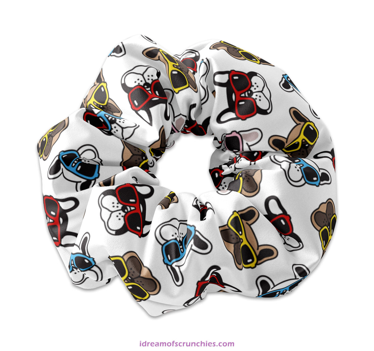 Cute French Bulldogs in Colorful Sunglasses Scrunchy Hair Tie, French Bull Dogs Scrunchies, Dog Scrunchys