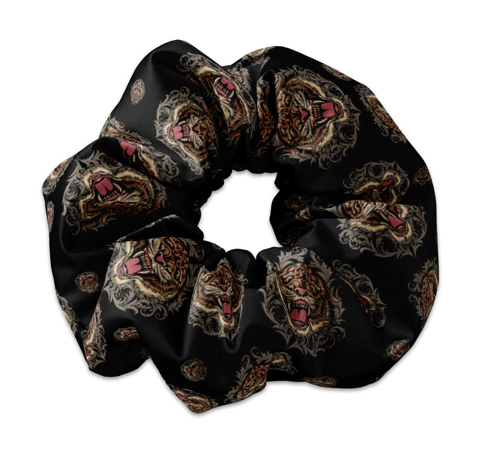 Tiger Face Pattern on Black Fabric Scrunchie Hair Tie, Tiger Scrunchys, Wild Tigers Pattern Scrunchies