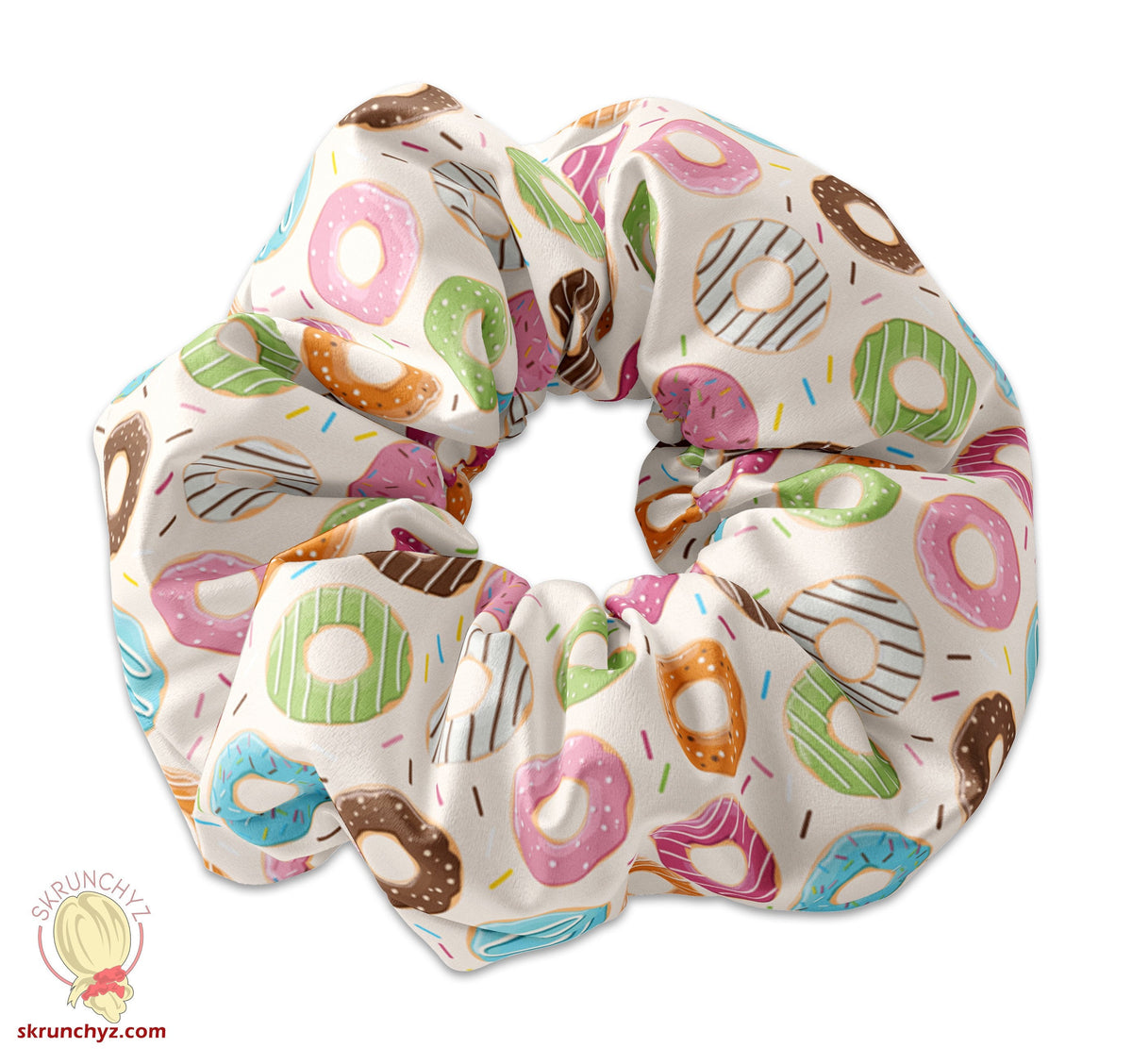 Assorted Donuts Pattern Scrunchie Hair Tie, Doughnut Hair Tie Scrunchy