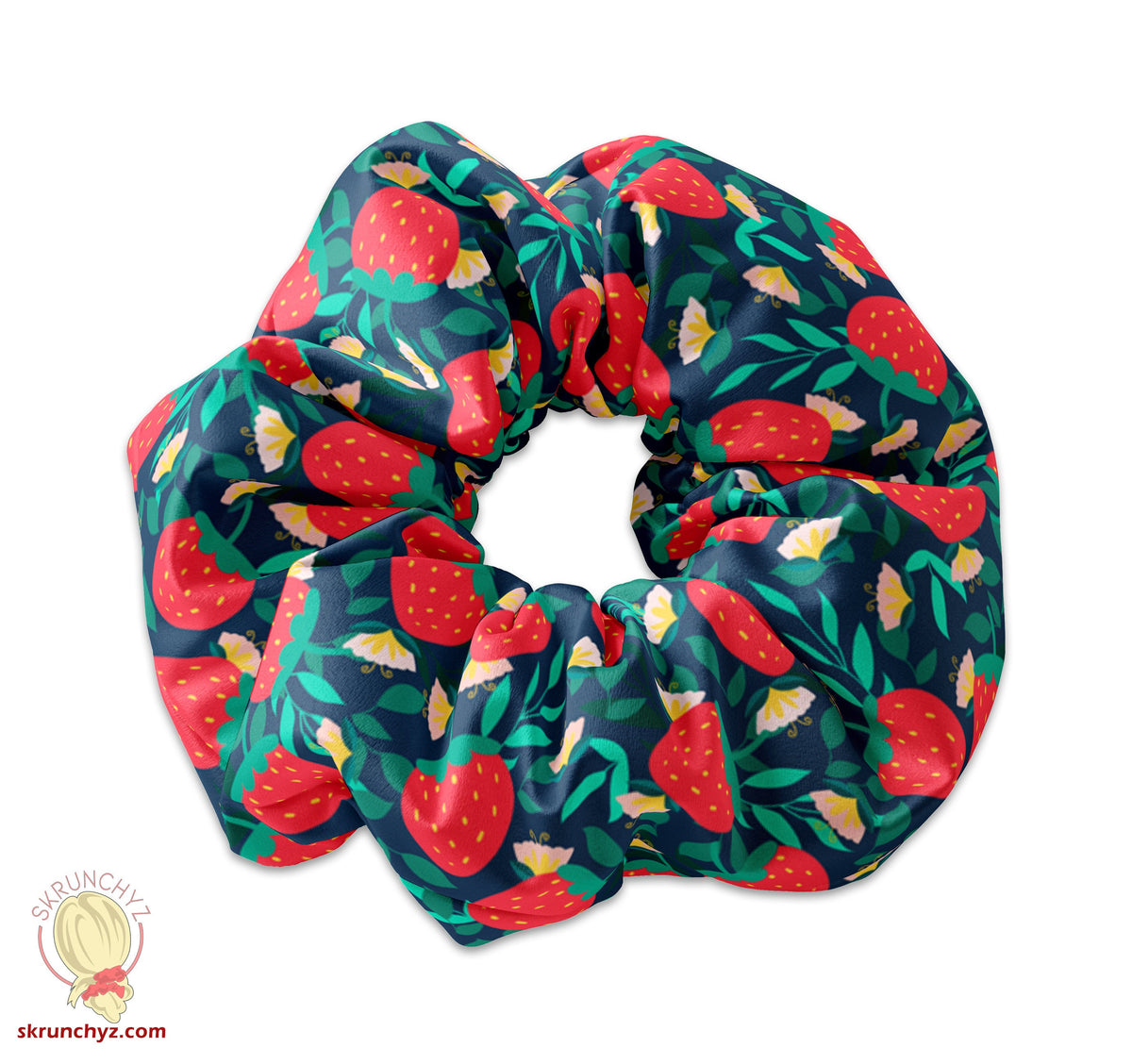 Strawberries & Vines on Navy Scrunchie Hair Tie, Cute Fruit Scrunchys Hair Accessory, Cute Scrunchies, Great Birthday Party Favors