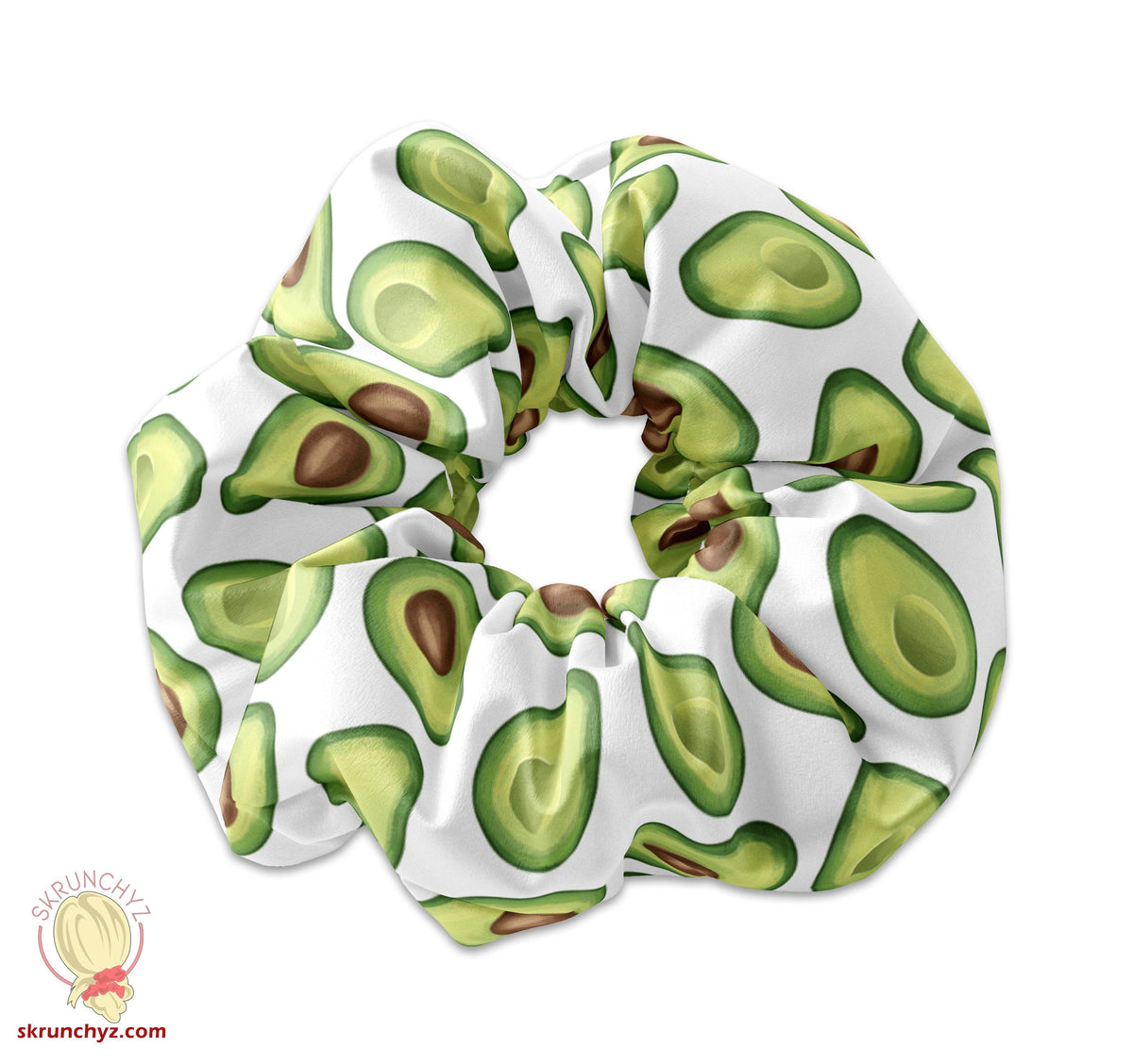 Avocado Scrunchie Hair Tie on White Fabric, Trendy Hair Scrunchy