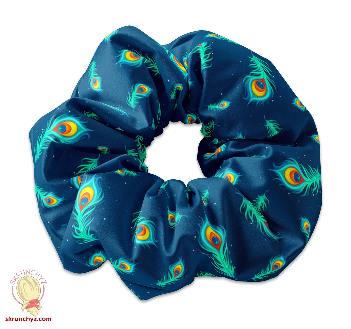 Bright Peacock Feathers Scrunchie Hair Tie, Peacock Feather Scrunchys, Colorful Hair Tie Accessory