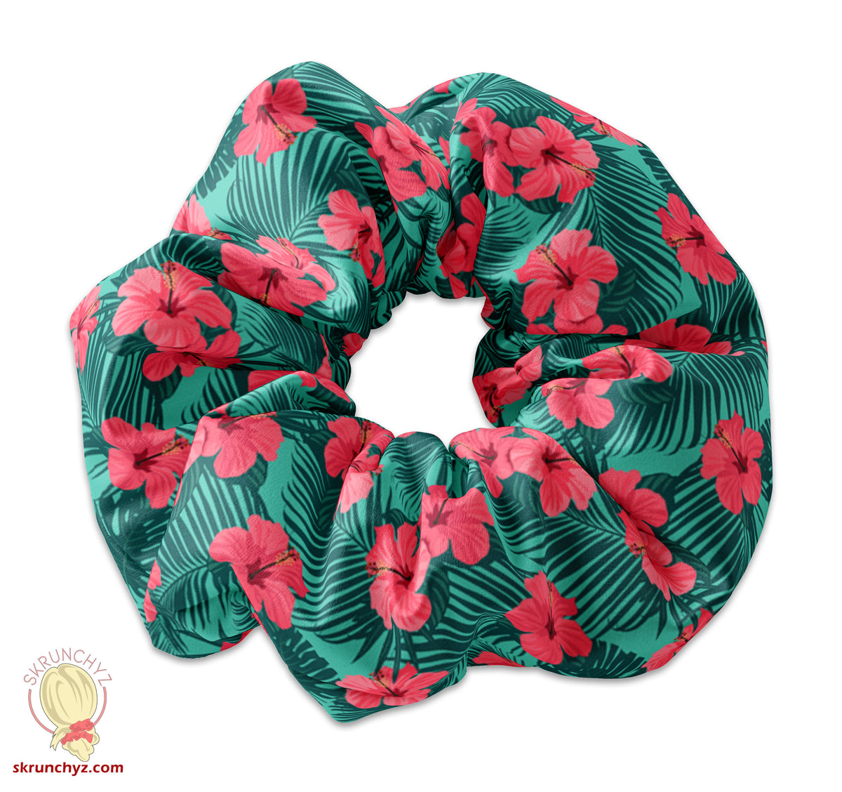 Hawaiian Tropics Hibiscus Floral Pattern Scrunchie Hair Tie, Hair Bow Ribbon, Flowers Scrunchy Hair Accessory, Island Theme Scrunchys