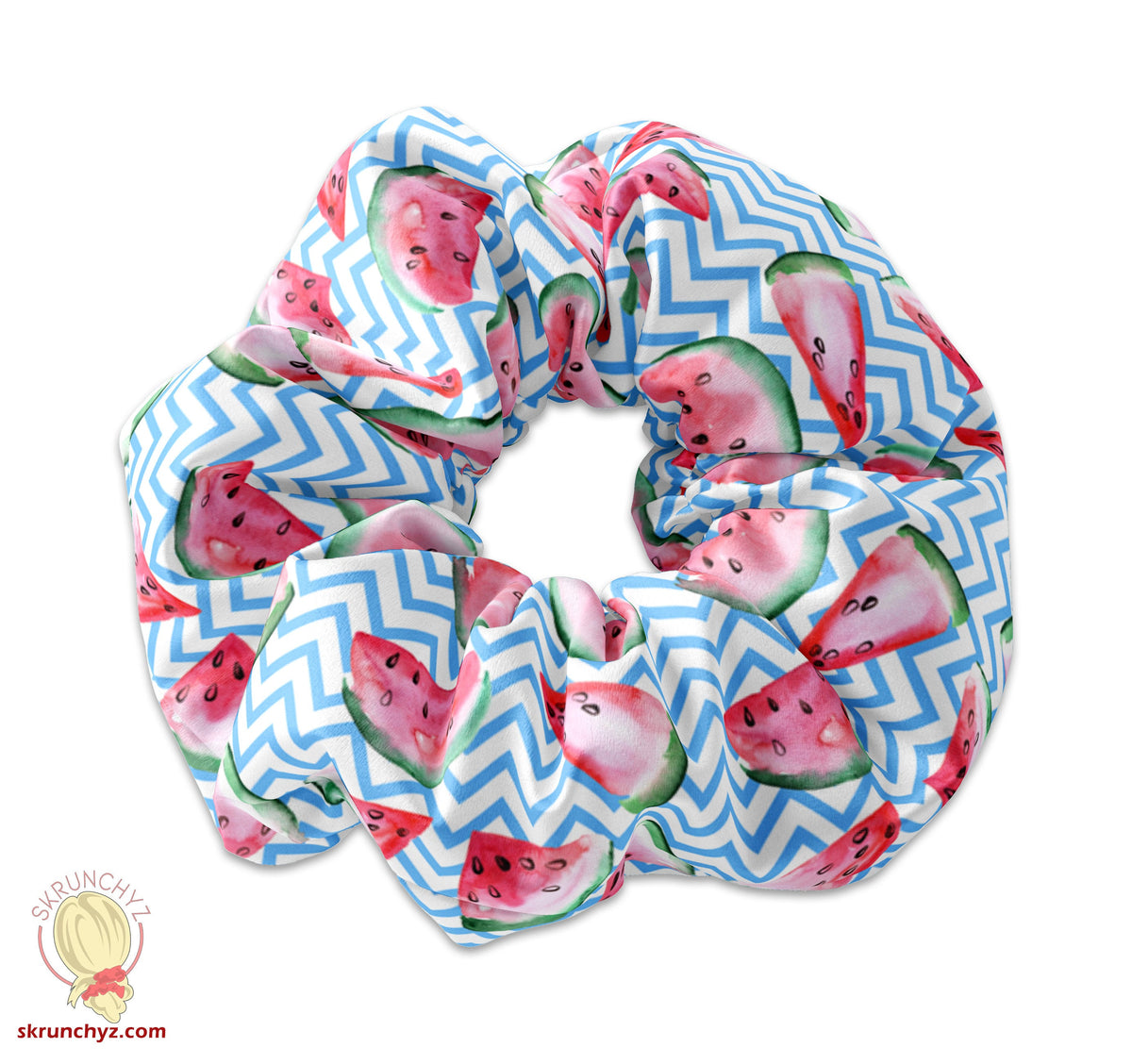 Watercolor Painted Watermelon on Blue Wave Pattern Scrunchy Hair Tie, Water melon Scrunchies, Fruit Food Scrunchys,Summer Hair Accessory