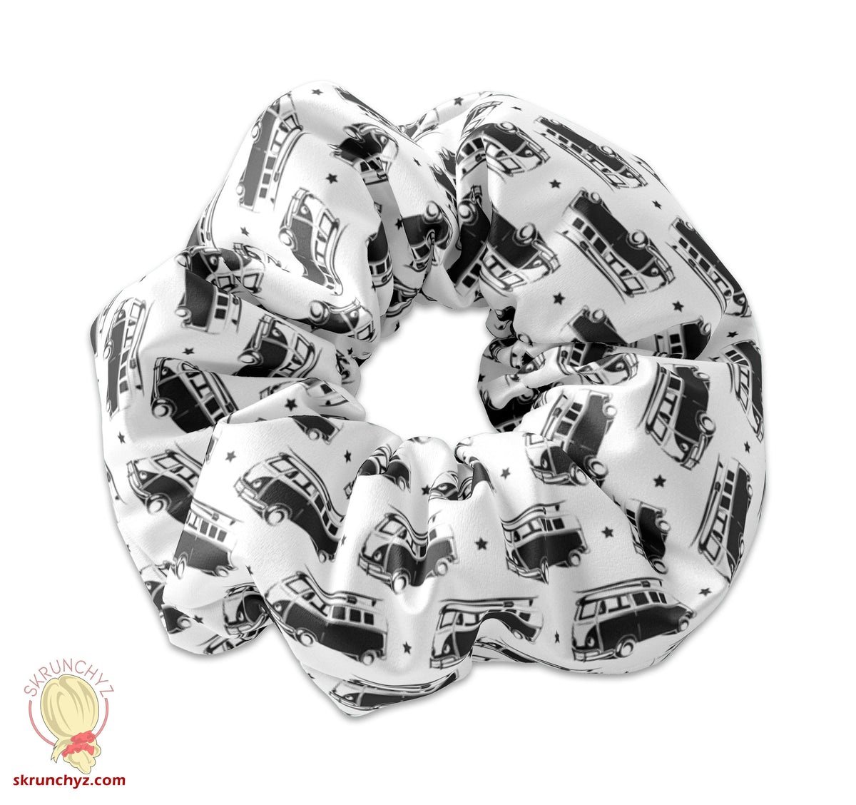 Illustrated Vintage Bus, Vintage Car Scrunchie Hair Tie, VW Bus Surfer Accessory, Retro Bus Scrunchy, Hippie Van Bus Hair Tie