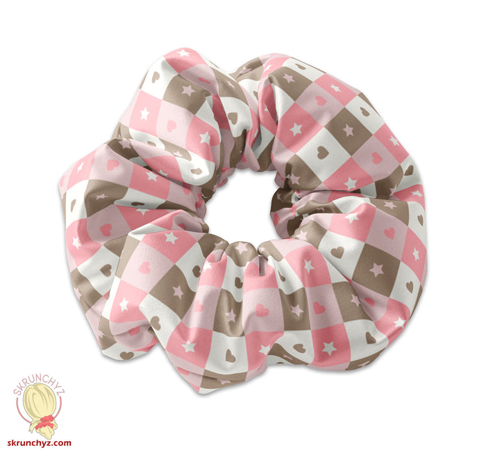 Cute Kawaii Style Checker Pattern Scrunchy, Kawaii Scrunchies, Checkerboard Pattern Hair Ties, Pink Scrunchys, Skrunchyz Brand