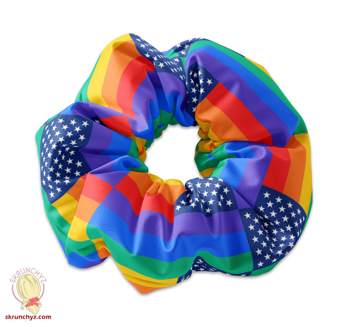 Colorful Rainbow Striped Flag Text Scrunchie Hair Tie, Pride Scrunchys, Rainbow Scrunchy Hair Accessory