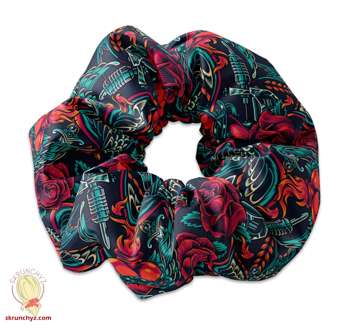 Vintage Tattoo  Scrunchie Hair Tie, Tattoo Parlor Scrunchy, Rose Tattoo Scrunchies, Vintage Scrunchys