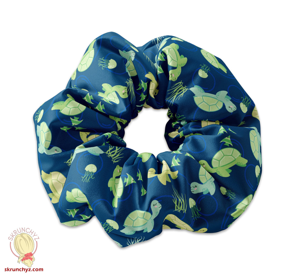 Cute Sleeping Turtle Ocean Pattern Scrunchie Hair Tie, Sea Turtle Pattern Scrunchy Hair Tie Accessory, Cute Scrunchies for Girls