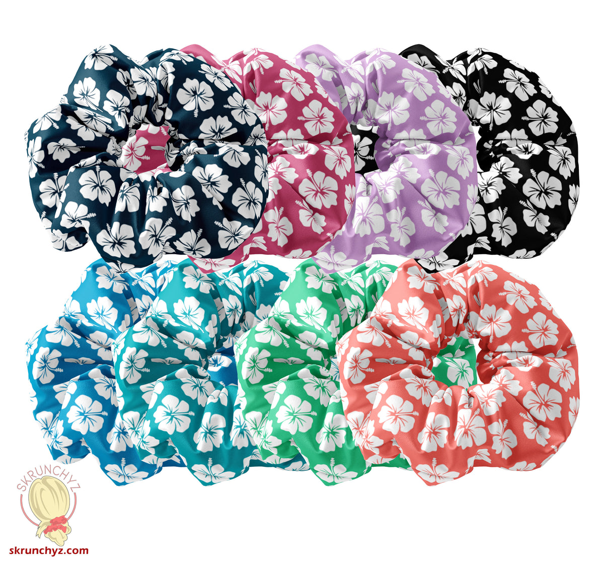 Hawaiian Tropics Hibiscus Floral Pattern Scrunchie Hair Tie, Hair Bow Ribbon, Flowers Scrunchy Hair Accessory, Island Theme Scrunchys