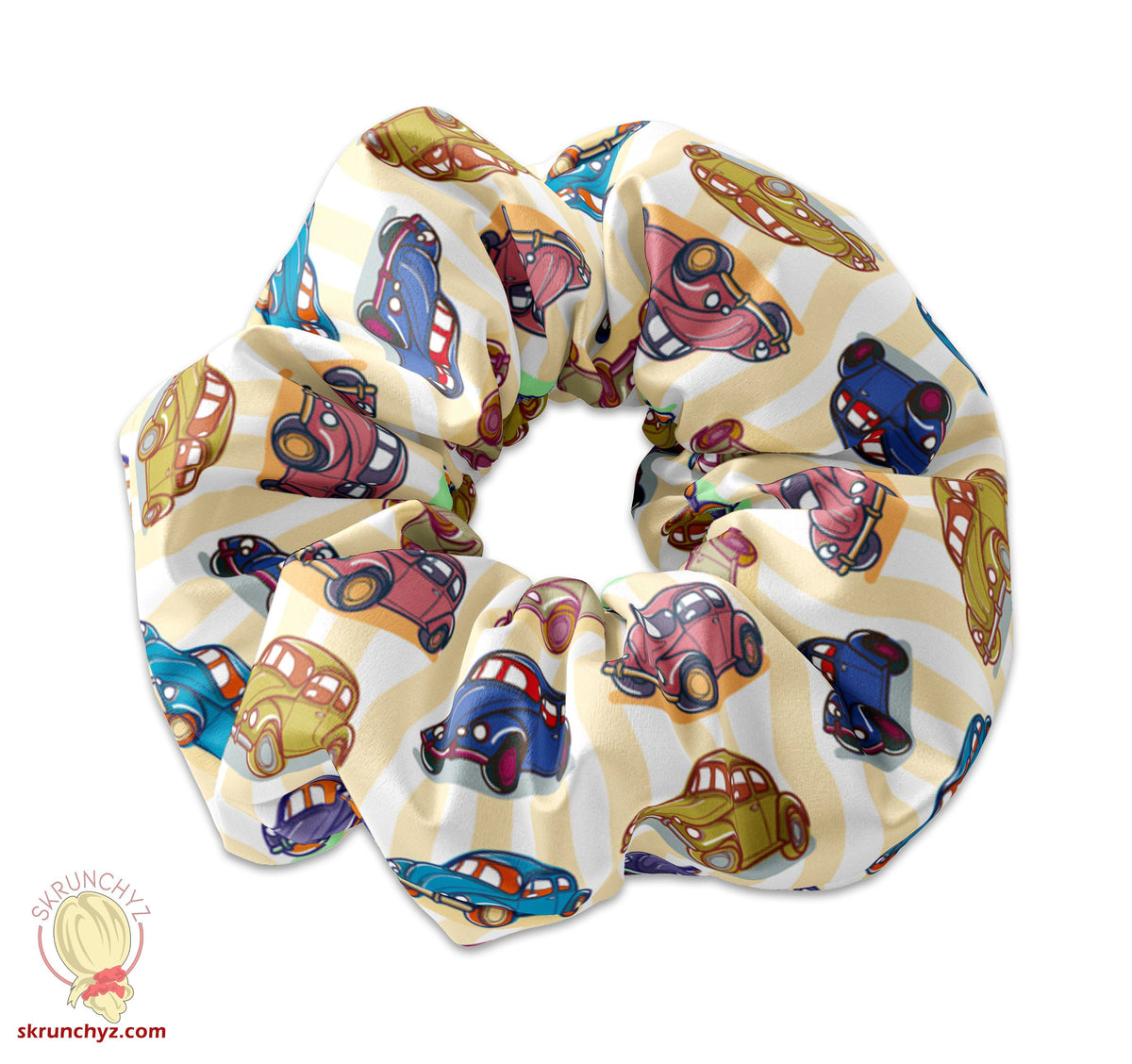 Vintage Illustrated Multi-Color Bugs, Vintage Car Scrunchie Hair Tie, VW Hair Accessory, Retro Bettle Scrunchy