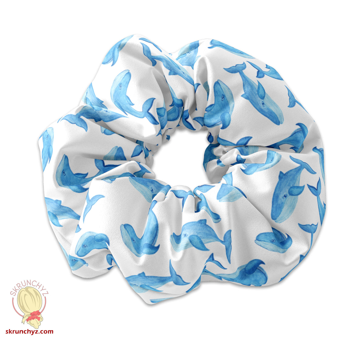 Illustrated Watercolor Blue Whale Handmade Hair Scrunchie, Cute Whales Scrunchy Hair Tie,Ocean Life Hair Accessory