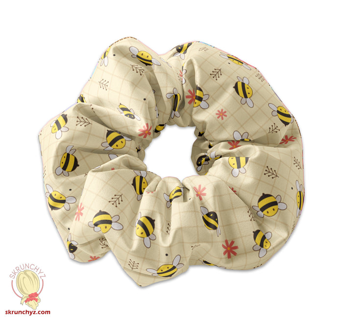 Cute Kawaii Bumble Bee Pattern Scrunchie Hair Tie, Honey Bee Scrunchy Hair Tie Accessory, Bee Scrunchies