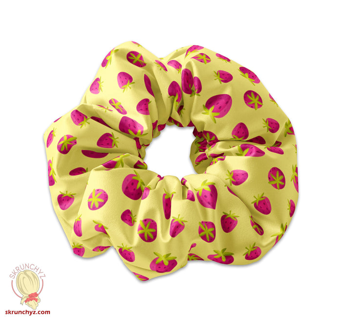 Colorful Yellow & Pink Fruit Set Scrunchie Hair Ties, Cute Strawberry Banana Watermelon Fruit Scrunchys Hair Accessory, Food Scrunchies