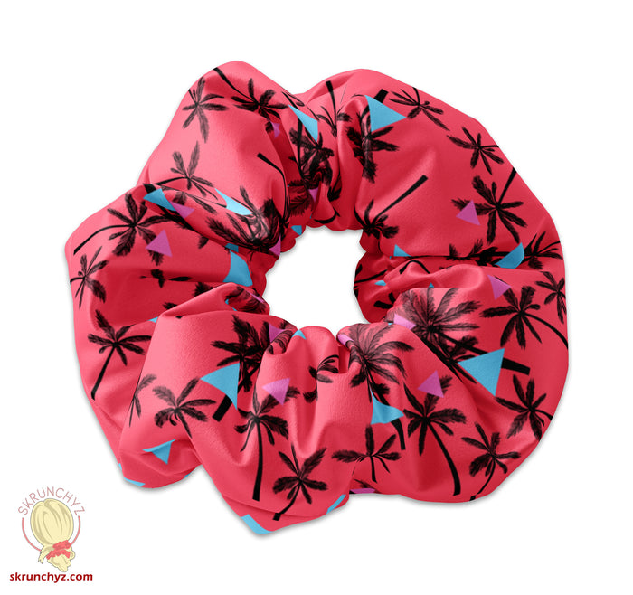 Bright Pink Memphis Style Palm Trees Scrunchies, Summertime Scrunchy, Summer Palm Trees Retro Scrunchie Hair Tie Accessory